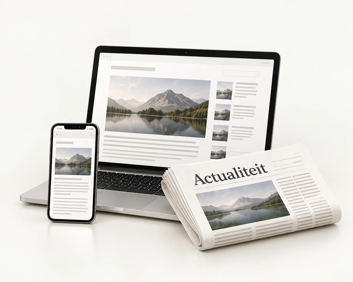 Online nieuws op een laptop en telefoon, naast een opengeslagen krant
